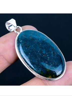 Blue Bloodstone Gemstone 925 Sterling Silver Handmade Pendant Necklace
